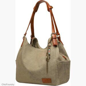 Large Canvas Hobo Tote with Embroidery Multi Pocket Shoulder Bag